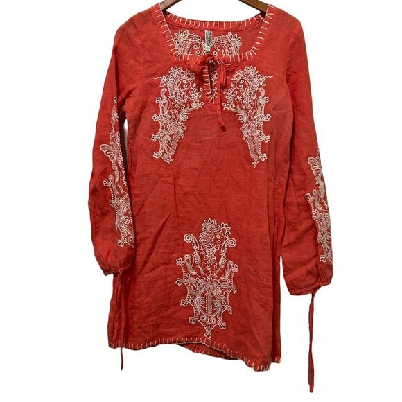 Monoreno Embroidered  100 % Linen Peasant Blouse Long Sleeve Salmon Red Small - Picture 1 of 15
